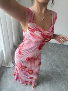 Rafferiza 无袖垂坠领褶皱连衣裙，修身海滩度假装 - 粉色 - 查看 6