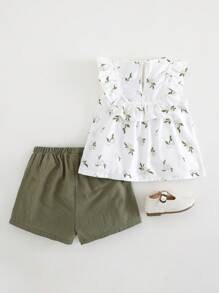 Cozy Pixies 2pcs Baby Girl Ditsy Floral Ruffle Trim Top And Solid Color Shorts Set