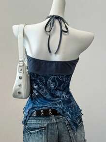SHEIN EZwear Top sin espalda con cuello de halter y estampado retro de malla, para concierto de verano en el campo