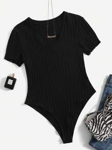 SHEIN EZwear Plus Ribbed Knit Lettuce Trim Bodysuit - Black - View 1