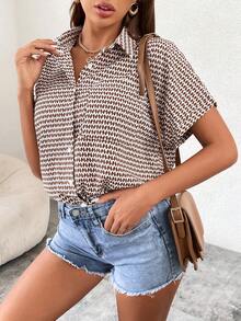 Serisse Allover Print Batwing Sleeve Shirt,Short Sleeve Tops Summer Casual - Multicolor - View 3