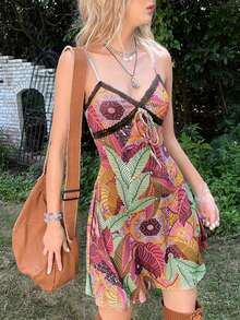 SHEIN ICON Grunge Tropical Print Contrast Lace Knot Front Cami Dress - Multicolor - View 2