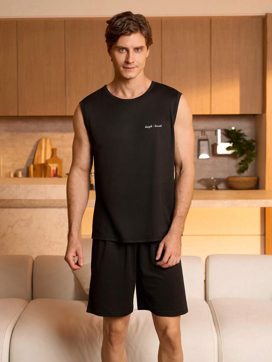 SHEIN 2 件男士黑色圆领无袖上衣和短裤家居服套装 - 黑色 - 查看 1