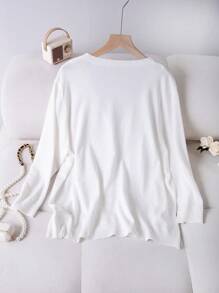 SHEIN LUNE Plus Size Solid Color Single-Breasted V-Neck Long Sleeve Casual White Cardigan - White - View 2