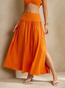 L'Amorae Falda larga de verano tipo línea A de color naranja sólido para vacaciones y playa con abertura lateral, verano, vacaciones, 4 de julio, playa - Naranja - Ver 1