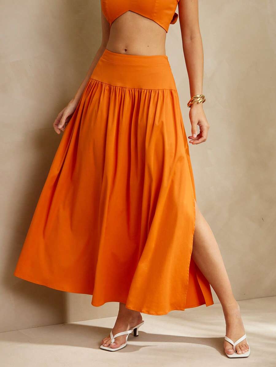 L'Amorae Falda larga de verano tipo línea A de color naranja sólido para vacaciones y playa con abertura lateral, verano, vacaciones, 4 de julio, playa - Naranja - Ver 1