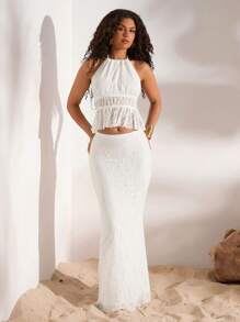 Opulessa Summer Outdoor Holiday Date Set, Plain Knitted Lace Necktie Top With A Full Back And Ruffled Hem Floor-Length Skirt For Ladies. Summer Beach Set For Vacation, Back-To-School Outfit, Very Simple Outfit, Office Outfit, Old Money Outfit, Teacher Outfit, Date Outfit, Graduation Season, Ladies' Independence Day Clothing, Outfit For Attending Wedding Season Sister Afternoon Tea Party And Festival Gathering.