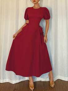 Elenzga Vestido elegante y romántico para vacaciones, ajustado a la cintura, con volantes, mangas abultadas y hombros descubiertos, de color azul francés, para bodas de verano de 2025