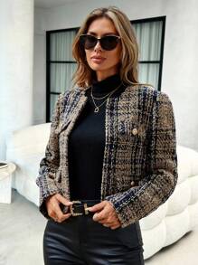 Lavishia 秋冬格纹翻盖口袋前开式粗花呢大衣