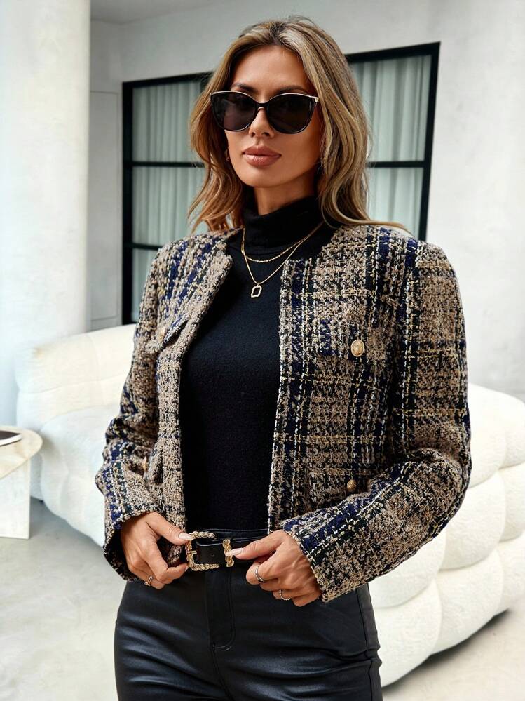 Lavishia Casaco Sobretudo Aberto na Frente com Bolso de Aba em Tecido Xadrez Tweed para Outono/Inverno - Multicolorido - Visão 3