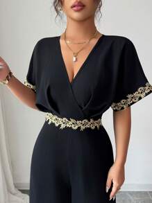 Elenzga 新设计感金色花卉蕾丝束腰黑色优雅蝙蝠袖连体裤，春夏