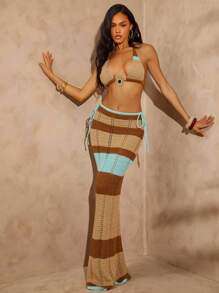 Hauture Low-Waist Brown And Beige Stripe Knitted Pants, Boho, Vacation