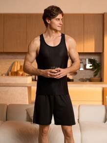 Manfinity Underwear&Sleepwear Basics 男士纯色时尚汗衫，适合夏季 - 黑色 - 查看 1