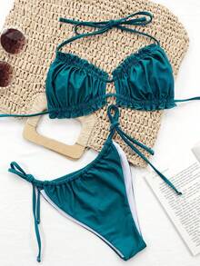 Bonvoyette Conjunto de bikini sexy con parte superior de cuello halter y Bottom con volantes, de unicolor para mujer