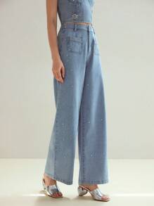 MOTF STUDIO RHINESTONE DETAIL PATCH POCKET WIDE LEG JEANS