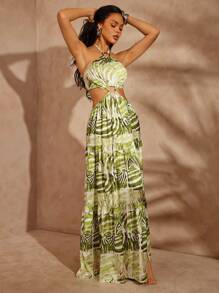 Hauture Đầm Maxi Đi Biển Satin Khoét Hở Phía Trước Halter Hở Lưng Cho Nữ - màu xanh lá - Xem 3