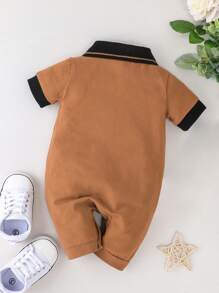SHEIN Vintaside Kids 男婴拼布马球领连体短裤 - 棕色 - 查看 2