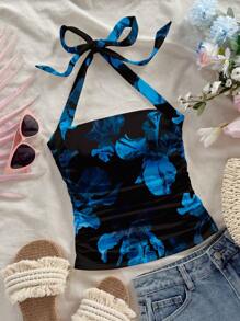 Modelyn Blue Floral Print Sleeveless Tie Neck Women Knit Textured Fitted Tank Top, Suitable For Summer