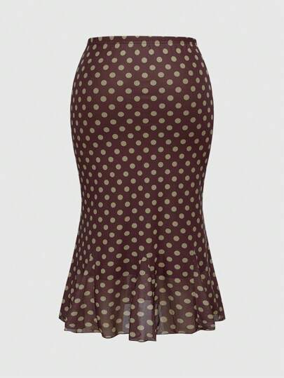 ROMWE Avant Plus Size Colorblock Polka Dot Fishtail Skirt For Vacation