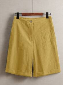 EMERY ROSE Women's Casual Solid Color Loose Button-Up Shorts - Yellow - View 3