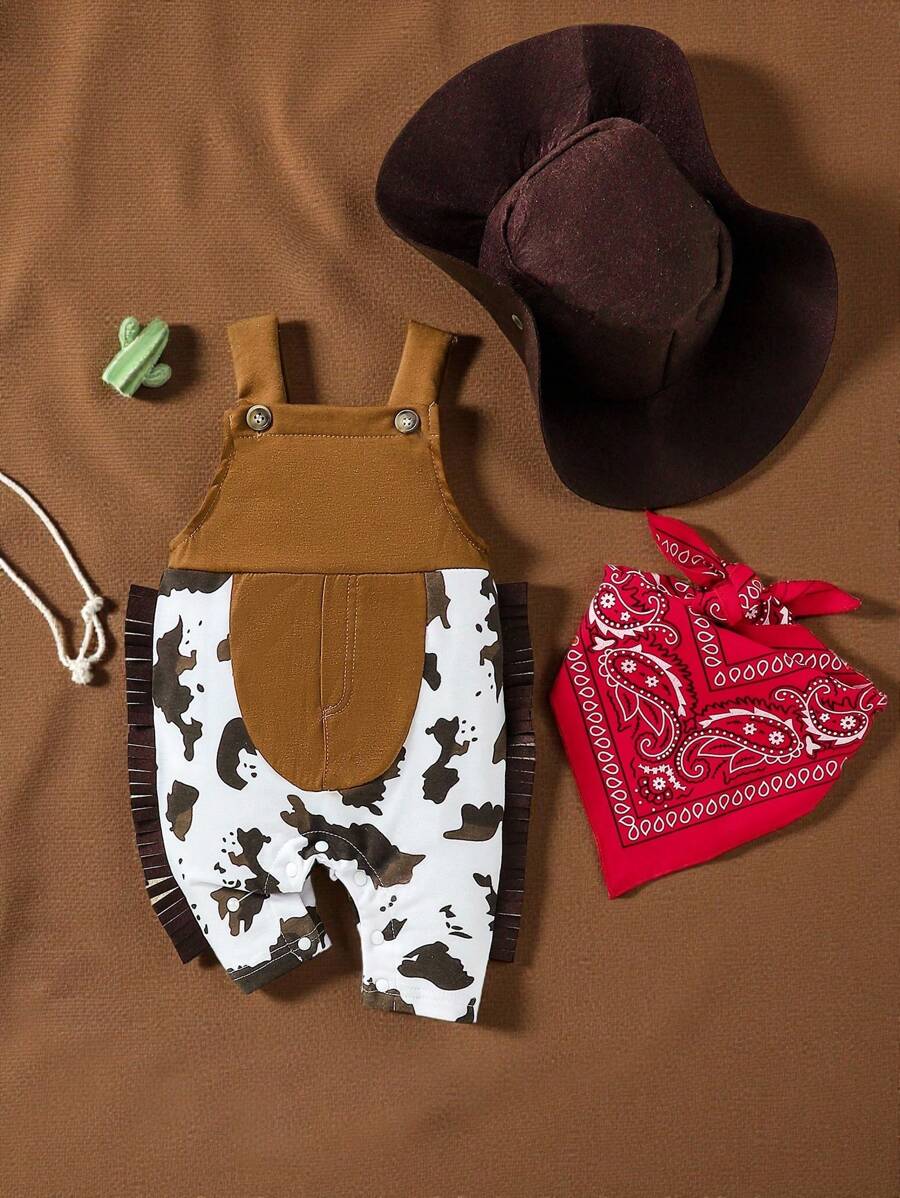 SHEIN Baby Boy 3pcs/Set Western Style Cow Print Jumpsuit With Braces And Brown Suede Cowboy Hat, Matched With Peruvian  Geometric Printed Scarf, Exuding Wildness And Cuteness