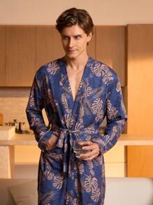 SHEIN Bata con cinturón para la cintura para hombre, de manga larga, apta para todas las estaciones