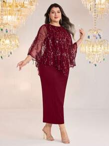 Modelyn Đầm bodycon dự tiệc thanh lịch cỡ lớn cho nữ & áo sequin 2 mảnh - Màu Đỏ Sâu - Xem 5