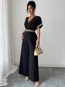 Elenzga 新设计感金色花卉蕾丝束腰黑色优雅蝙蝠袖连体裤，春夏