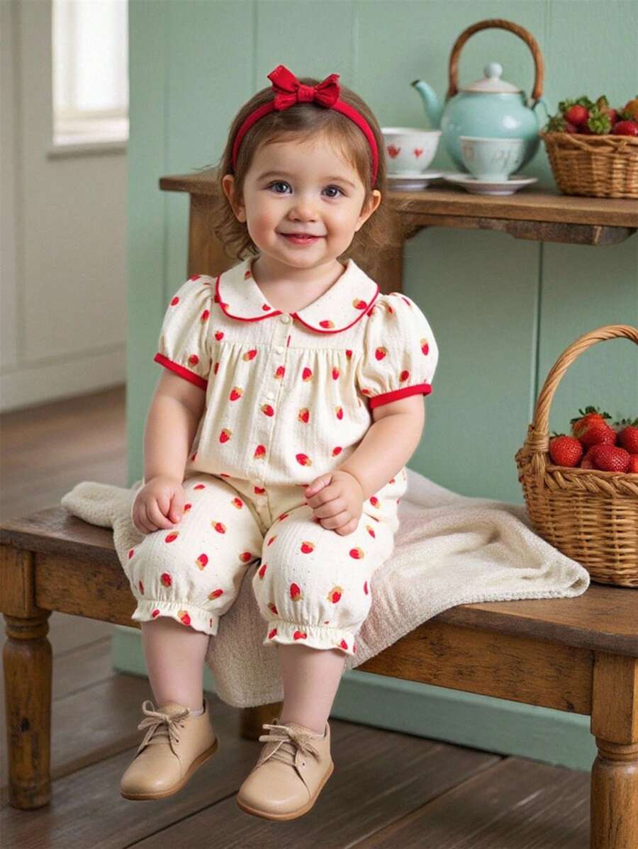 女婴草莓图案翻领短袖连体衣，夏季