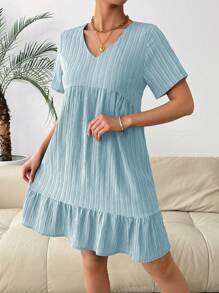 Chiquease Women's Summer Solid Color V-Neck Short Sleeve Ruffle Hem Dress Vacation Beach Outfit