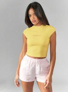 MISSGUIDED California Slogan Baby Tee Fitted Cap Sleeve Summer Casual Weekend Loungewear Festival Crop Top Streetwear - Yellow - View 6