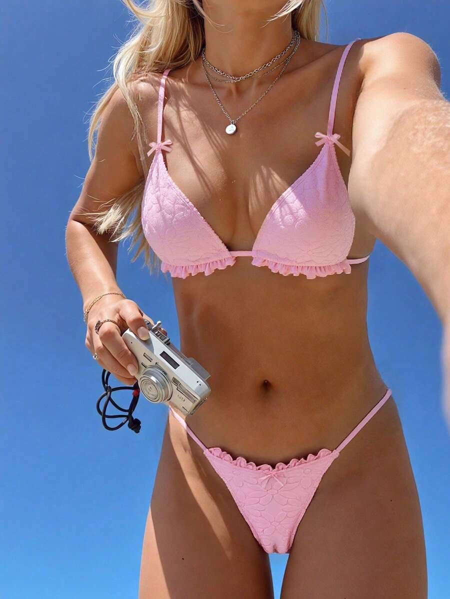 Swim Mod Women's Summer Beach Jacquard Fabric Sweet Cute Halter Tie Pink Bikini Swimsuit Set