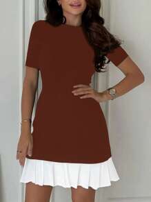 Siren Gaze 高腰百褶下摆拼布圆领百搭迷你连衣裙