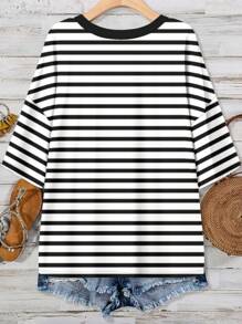 EMERY ROSE Plus Size Women's Casual Striped Print V-Neck Loose Bat Wing T-Shirt, Summer Suitable For Going Out - Multicolor - View 2