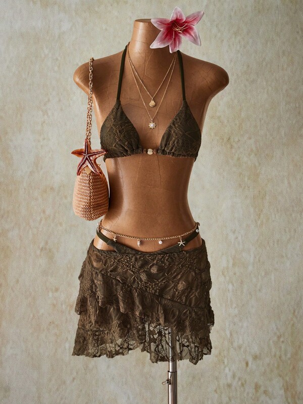 SHEIN ICON 2pcs Women Beach Holiday Lace Backless Halter Bra & Brief Bikini Set, Summer, Y2k Clothes Women