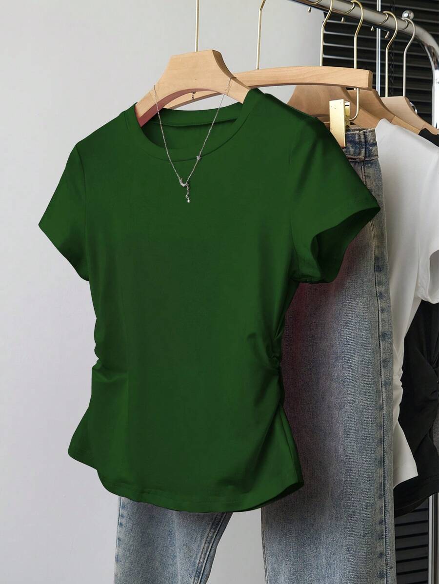 INAWLY Women's Waist Gathered T-Shirt, Minimalist & Elegant Style For Summer - Dark Green - View 1