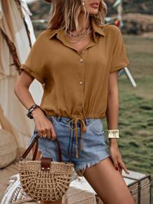 SHEIN LUNE Solid Button Front Drawstring Hem Shirt - Brown - View 6