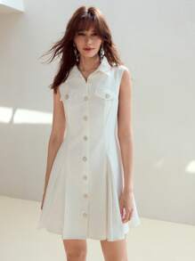 MOTF STUDIO VESTIDO CORTO DE ALGODÓN 100% CON CUELLO CEÑIDO Y CINTURA ELEGANTE - Blanco - Ver 4