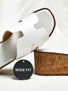 SHUZIA Wide Width Luxe-Inspired Women's Harness Cut Out Square Toe Cork Platform Minimalist Pu White Slides–Plus Size Timeless, Stylish & Comfortable