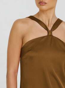 AiiRZ Vestido mini de cuello halter de satén con detalle de nudo delantero, elegante para fiestas de noche, bodas y ocasiones especiales de verano, vestidos de verano para mujer, ropa bohemia para mujer - Marrón Chocolate - Ver 5