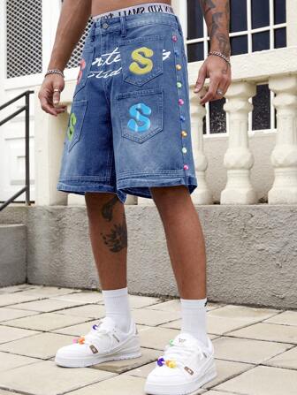 Pantaloncini di jeans estivi casual da uomo, stile casual di strada, con tasche multiple, stampa colorata a diamanti