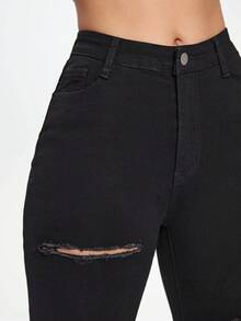 SHEIN PETITE 女款休閒百搭緊身牛仔褲 - 黑色 - 查看 7