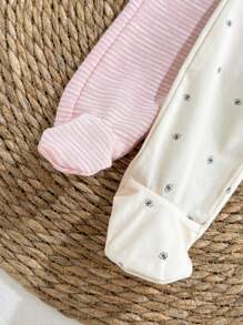 Loomiva 新生儿 4 件套 - 碎花图案柔软针织圆领长袖套头衫 + 松紧腰长裤 - 淺粉色 - 查看 3