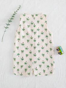 Cozy Pixies Peto de niño bebé con estampado de árbol de coco de dibujos animados, de cuello redondo y sin mangas, shorts, casual y versátil