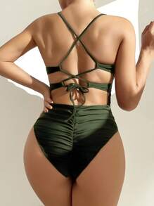SHEIN Swim Summer Beach Ruched Backless One Piece Swimsuit - Army Green - View 3
