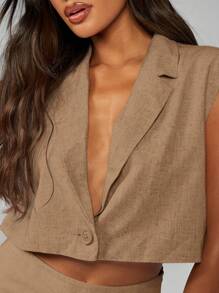 MISSGUIDED Blazer de lino sin mangas corto, profesional, de negocios, casual, de oficina, para el verano y la primavera, chaleco, chaqueta ligera, ropa de trabajo, top de moda - Marrón Mocha - Ver 6