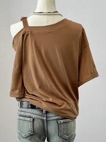SHEIN EZwear 女士不对称蝴蝶格子短袖 T 恤 - 駝色 - 查看 2