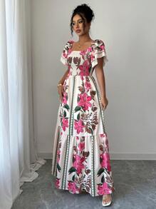 Elenzga Đầm Maxi in hoa dáng chữ A nhún bèo eo cao thanh lịch, giản dị, thoải mái và thời trang cho nữ - Hồng - Xem 6
