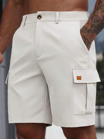 Manfinity RelaxMax Men's Solid Color Pockets Casual Summer Cargo Shorts, For Back To School