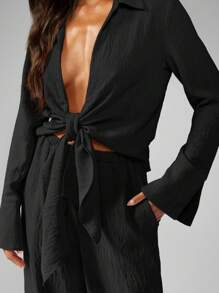 MISSGUIDED Linen Feel Wide Leg Palazzo Pants Co Ord With Front Tie Crop Top Professional Office Evening Wear - Black - View 6